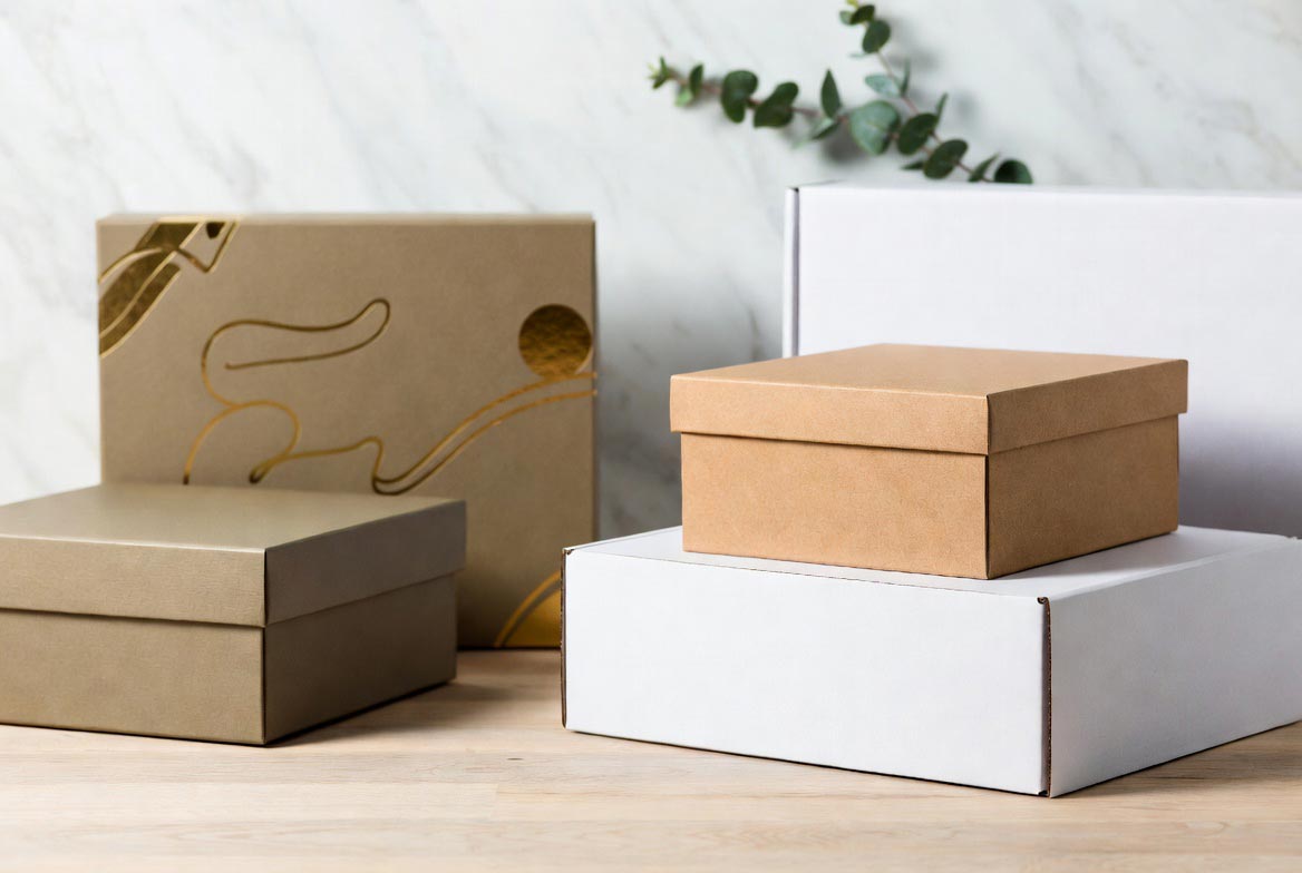 Elegant arrangement of premium sustainable custom packaging boxes representing bespoke UK packaging solutions by PackagingX